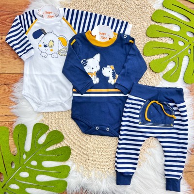  Conj. Body Super Dog, Doguinhos e Calça Listrada - Marinho, Branco e Mostarda